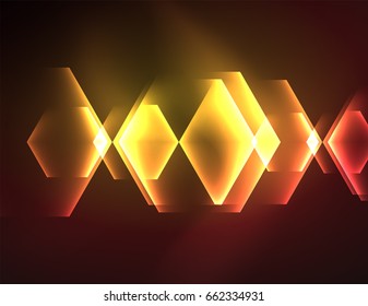 Techno glowing glass hexagons vector background, futuristic dark template with neon light effects and simple forms