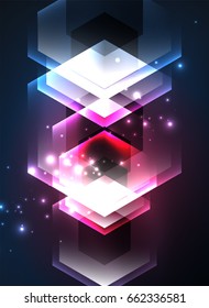 Techno glowing glass hexagons vector background, futuristic dark template with neon light effects and simple forms