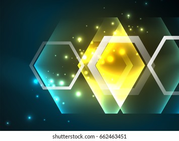 Techno glowing glass hexagons vector background, futuristic dark template with neon light effects and simple forms