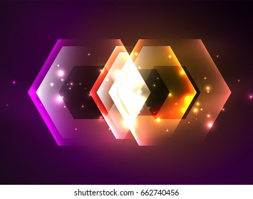 Fondo vectorial de hexágonos de vidrio brillante Techno, plantilla oscura futurista con efectos de neón y formas simples