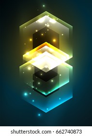 Techno-Gläserhexagons, Vektorhintergrund, futuristische dunkle Vorlage mit Neonlicht-Effekten und einfachen Formularen