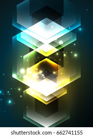 Techno glowing glass hexagons vector background, futuristic dark template with neon light effects and simple forms