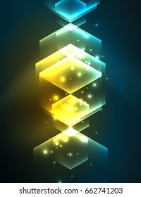 Techno glowing glass hexagons vector background, futuristic dark template with neon light effects and simple forms