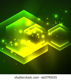 Fondo vectorial de hexágonos de vidrio brillante Techno, plantilla oscura futurista con efectos de neón y formas simples
