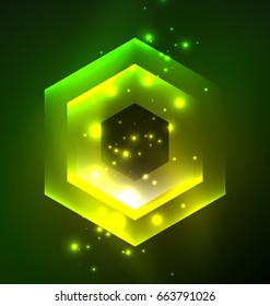 Techno glowing glass hexagons vector background, futuristic dark template with neon light effects and simple forms