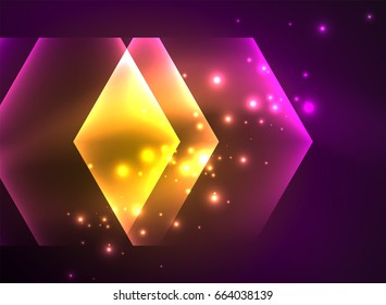 Techno glowing glass hexagons vector background, futuristic dark template with neon light effects and simple forms