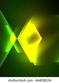 Techno glowing glass hexagons vector background, futuristic dark template with neon light effects and simple forms