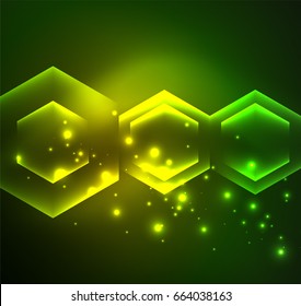 Techno-Gläserhexagons, Vektorhintergrund, futuristische dunkle Vorlage mit Neonlicht-Effekten und einfachen Formularen