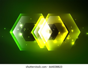 Techno glowing glass hexagons vector background, futuristic dark template with neon light effects and simple forms