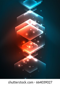 Techno glowing glass hexagons vector background, futuristic dark template with neon light effects and simple forms