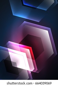 Techno glowing glass hexagons vector background, futuristic dark template with neon light effects and simple forms