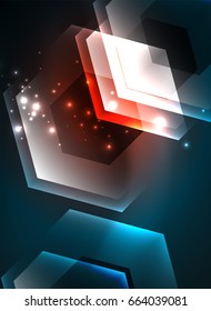 Techno glowing glass hexagons vector background, futuristic dark template with neon light effects and simple forms