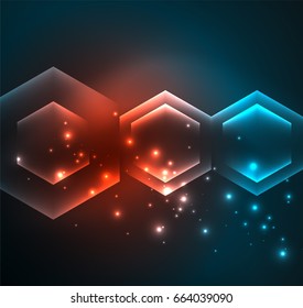 Techno glowing glass hexagons vector background, futuristic dark template with neon light effects and simple forms