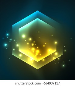 Techno glowing glass hexagons vector background, futuristic dark template with neon light effects and simple forms