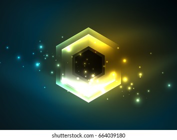 Techno glowing glass hexagons vector background, futuristic dark template with neon light effects and simple forms