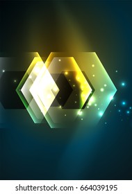Techno glowing glass hexagons vector background, futuristic dark template with neon light effects and simple forms
