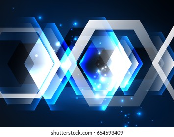 Techno glowing glass hexagons vector background, futuristic dark template with neon light effects and simple forms