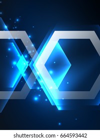 Techno glowing glass hexagons vector background, futuristic dark template with neon light effects and simple forms