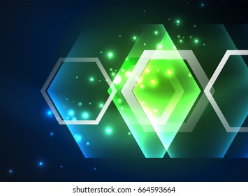Techno glowing glass hexagons vector background, futuristic dark template with neon light effects and simple forms
