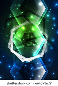 Techno glowing glass hexagons vector background, futuristic dark template with neon light effects and simple forms