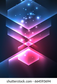 Techno glowing glass hexagons vector background, futuristic dark template with neon light effects and simple forms