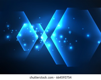 Techno glowing glass hexagons vector background, futuristic dark template with neon light effects and simple forms