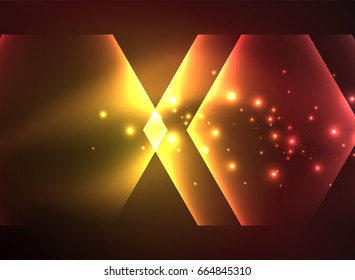 Techno glowing glass hexagons vector background, futuristic dark template with neon light effects and simple forms