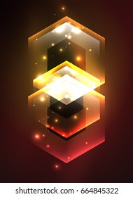 Techno-Gläserhexagons, Vektorhintergrund, futuristische dunkle Vorlage mit Neonlicht-Effekten und einfachen Formularen