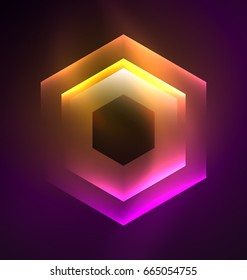 Fondo vectorial de hexágonos de vidrio brillante Techno, plantilla oscura futurista con efectos de neón y formas simples