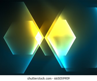 Techno glowing glass hexagons vector background, futuristic dark template with neon light effects and simple forms