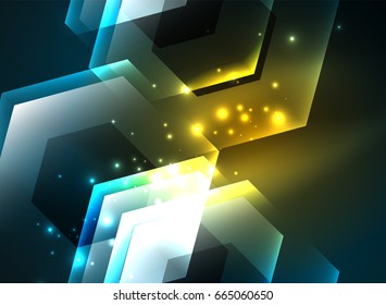 Techno glowing glass hexagons vector background, futuristic dark template with neon light effects and simple forms