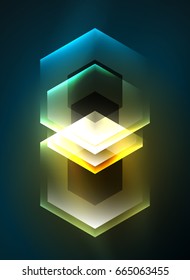 Techno glowing glass hexagons vector background, futuristic dark template with neon light effects and simple forms