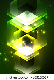 Techno glowing glass hexagons vector background, futuristic dark template with neon light effects and simple forms