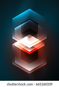Techno glowing glass hexagons vector background, futuristic dark template with neon light effects and simple forms