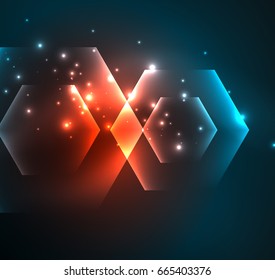 Techno glowing glass hexagons vector background, futuristic dark template with neon light effects and simple forms