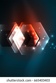 Techno glowing glass hexagons vector background, futuristic dark template with neon light effects and simple forms