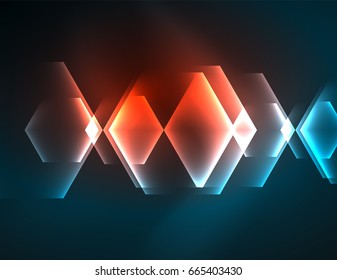 Techno glowing glass hexagons vector background, futuristic dark template with neon light effects and simple forms
