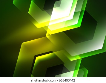 Techno-Gläserhexagons, Vektorhintergrund, futuristische dunkle Vorlage mit Neonlicht-Effekten und einfachen Formularen