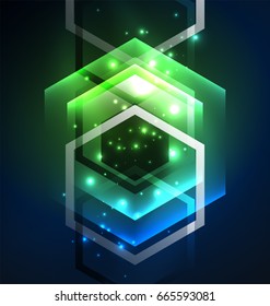 Techno glowing glass hexagons vector background, futuristic dark template with neon light effects and simple forms