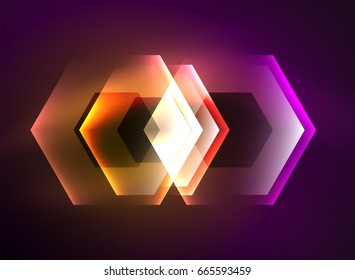 Techno glowing glass hexagons vector background, futuristic dark template with neon light effects and simple forms