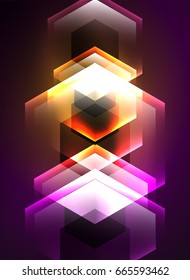 Techno glowing glass hexagons vector background, futuristic dark template with neon light effects and simple forms