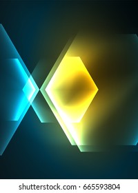 Techno glowing glass hexagons vector background, futuristic dark template with neon light effects and simple forms