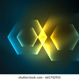 Techno glowing glass hexagons vector background, futuristic dark template with neon light effects and simple forms