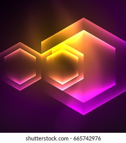 Fondo vectorial de hexágonos de vidrio brillante Techno, plantilla oscura futurista con efectos de neón y formas simples