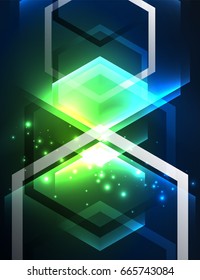 Techno glowing glass hexagons vector background, futuristic dark template with neon light effects and simple forms