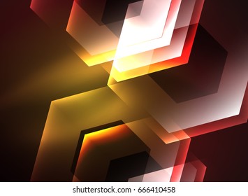 Fondo vectorial de hexágonos de vidrio brillante Techno, plantilla oscura futurista con efectos de neón y formas simples