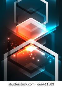 Fondo vectorial de hexágonos de vidrio brillante Techno, plantilla oscura futurista con efectos de neón y formas simples