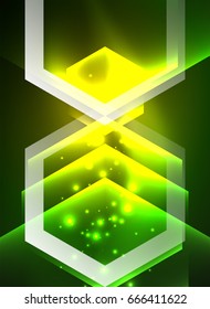 Techno-Gläserhexagons, Vektorhintergrund, futuristische dunkle Vorlage mit Neonlicht-Effekten und einfachen Formularen
