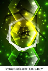 Techno glowing glass hexagons vector background, futuristic dark template with neon light effects and simple forms