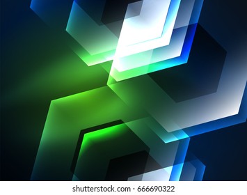 Fondo vectorial de hexágonos de vidrio brillante Techno, plantilla oscura futurista con efectos de neón y formas simples